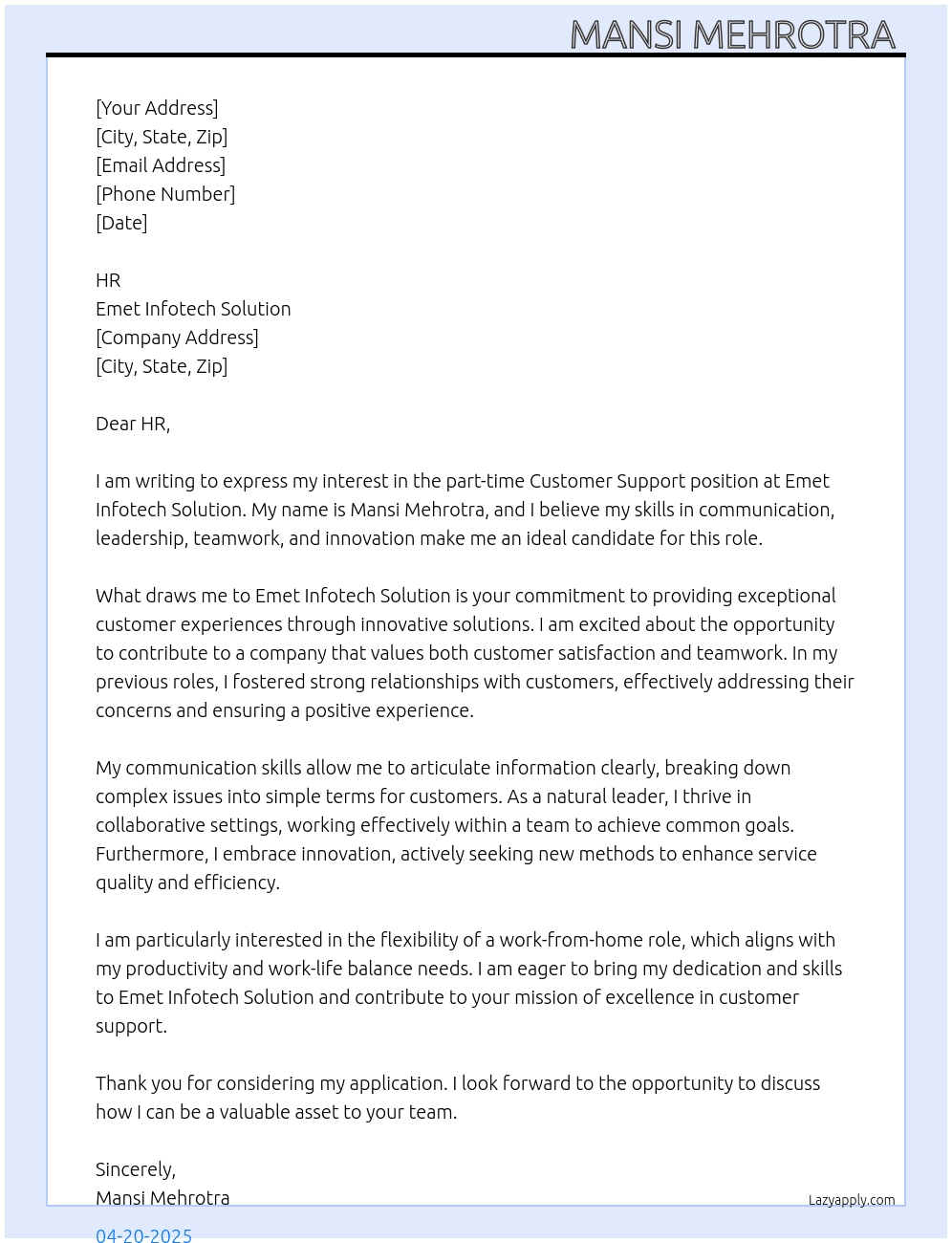 Customer Support  At Emet Infotech Solution  Cover Letter