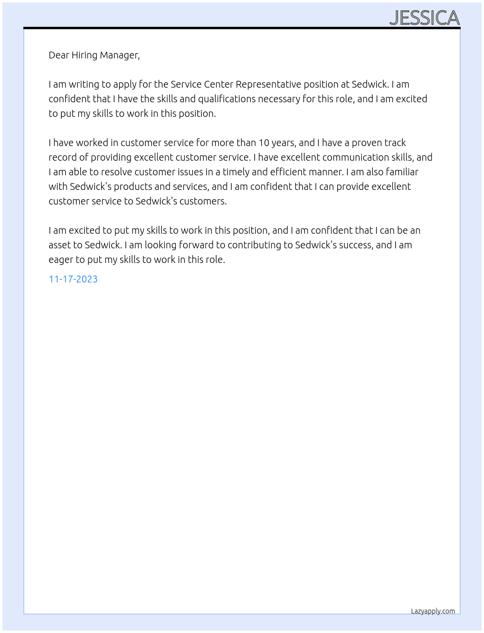 Service Center Representative At Sedwick Cover Letter