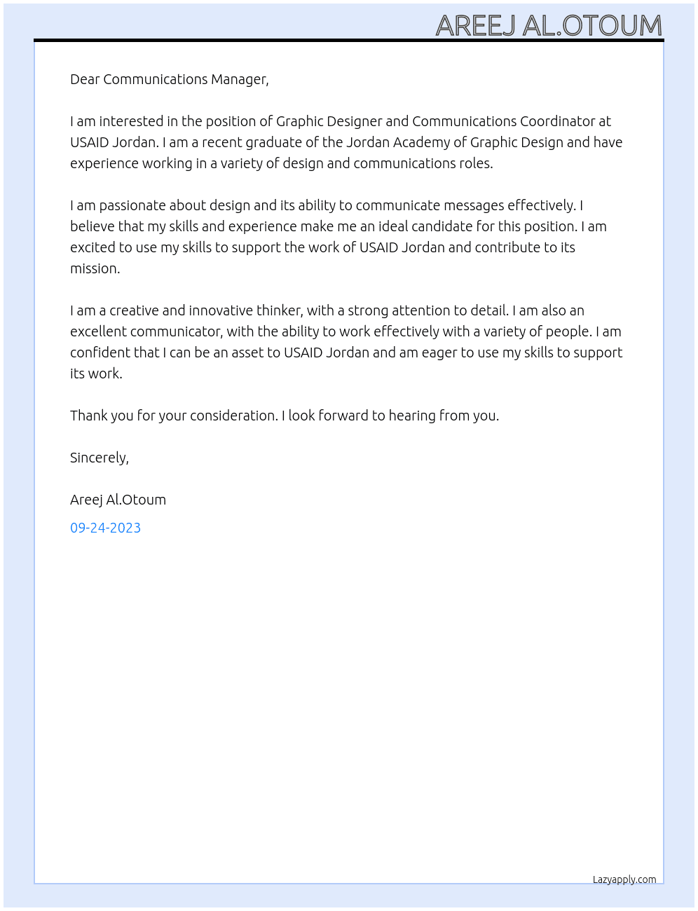 Graphic Designer and Communications Coordinator, USAID Makanati At USAID Jordan Cover Letter