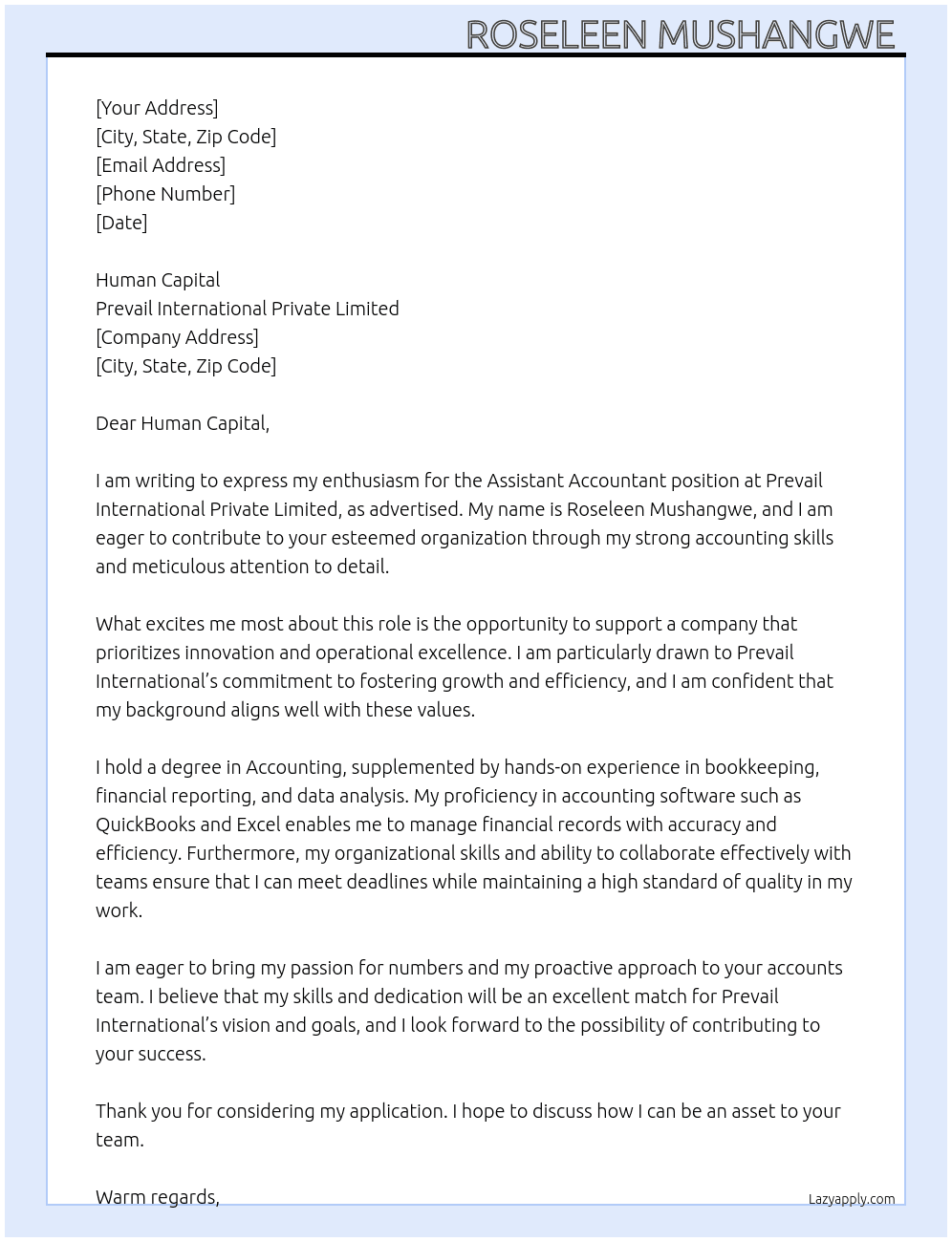 Assistant accountant At Prevail International Private Limited Cover Letter