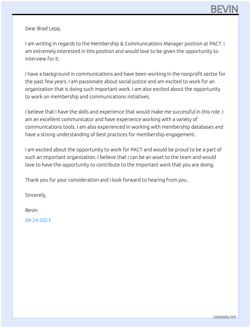 Membership & Communications Manager At PACT Cover Letter