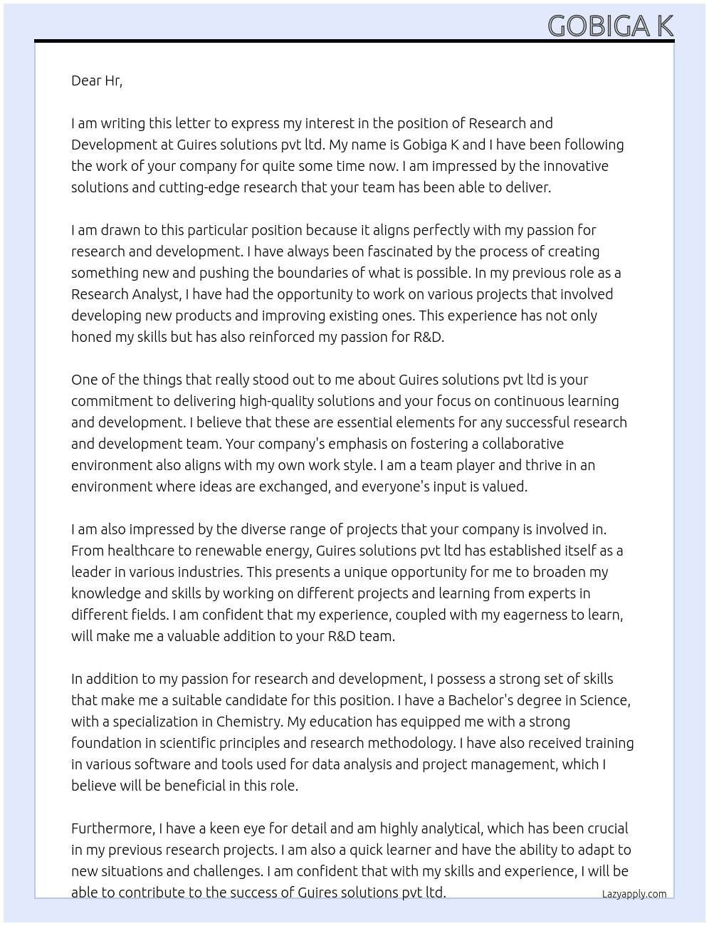Reasearch and development  At Guires solutions pvt ltd Cover Letter