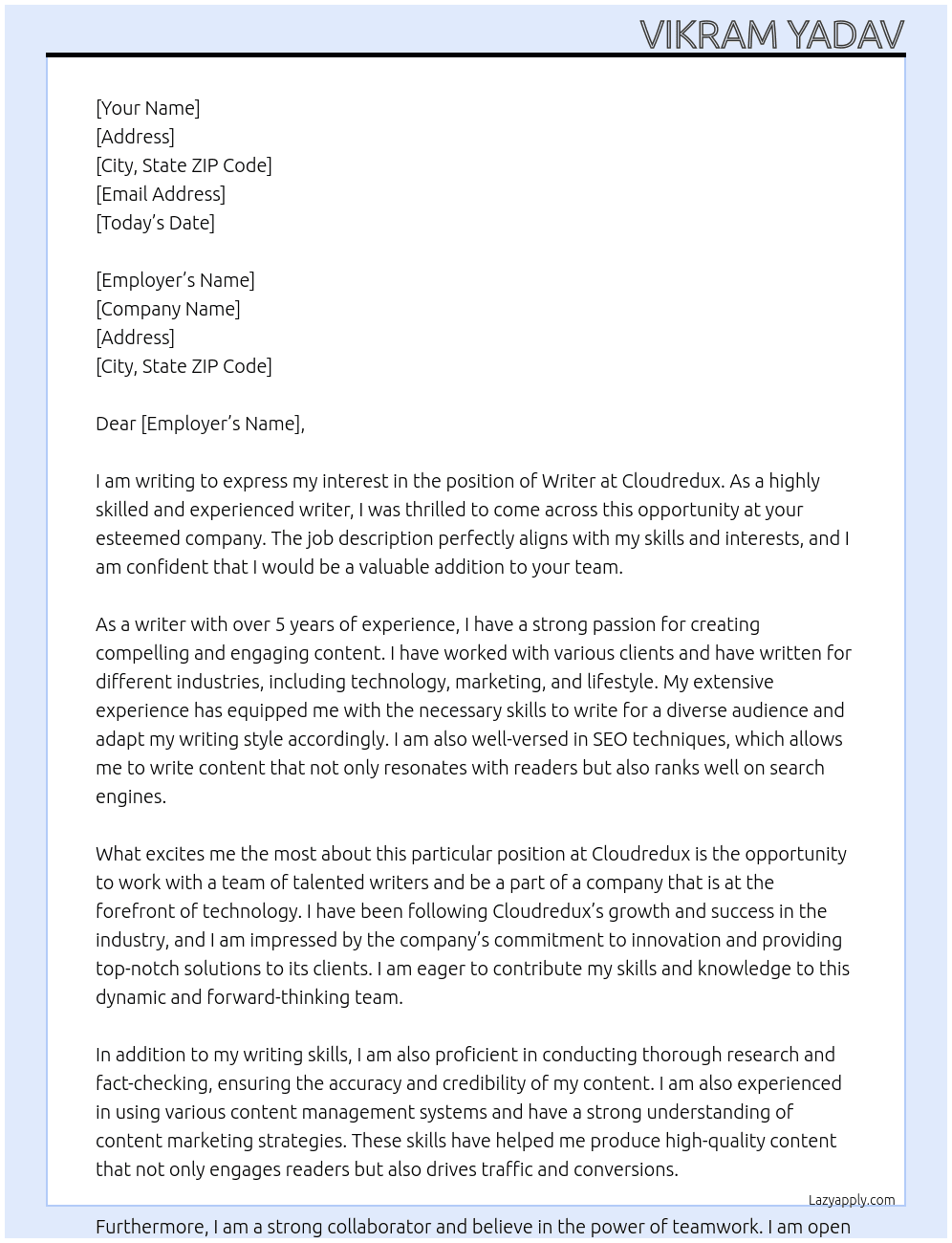 Writer At Cloudredux Cover Letter