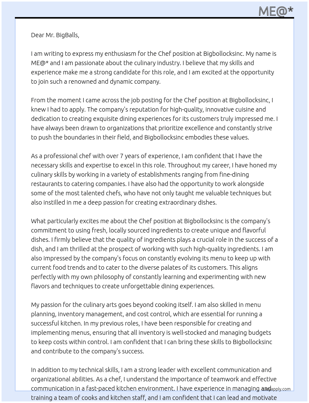 Chef At Bigbollocksinc Cover Letter