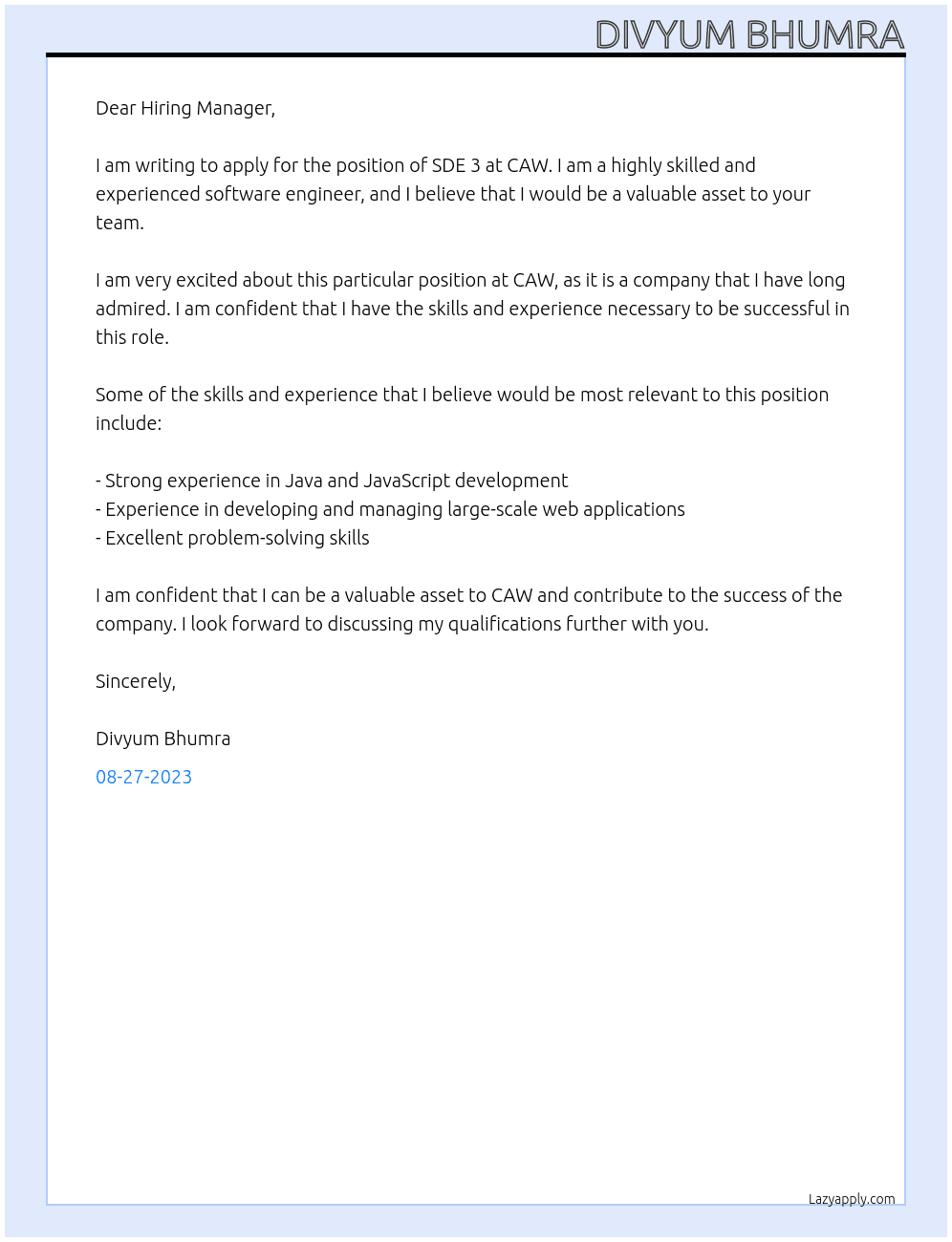 SDE 3 At CAW  Cover Letter