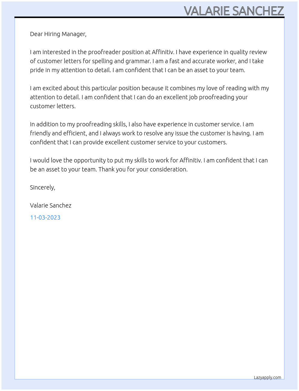 Proofreader At Affinitiv Cover Letter
