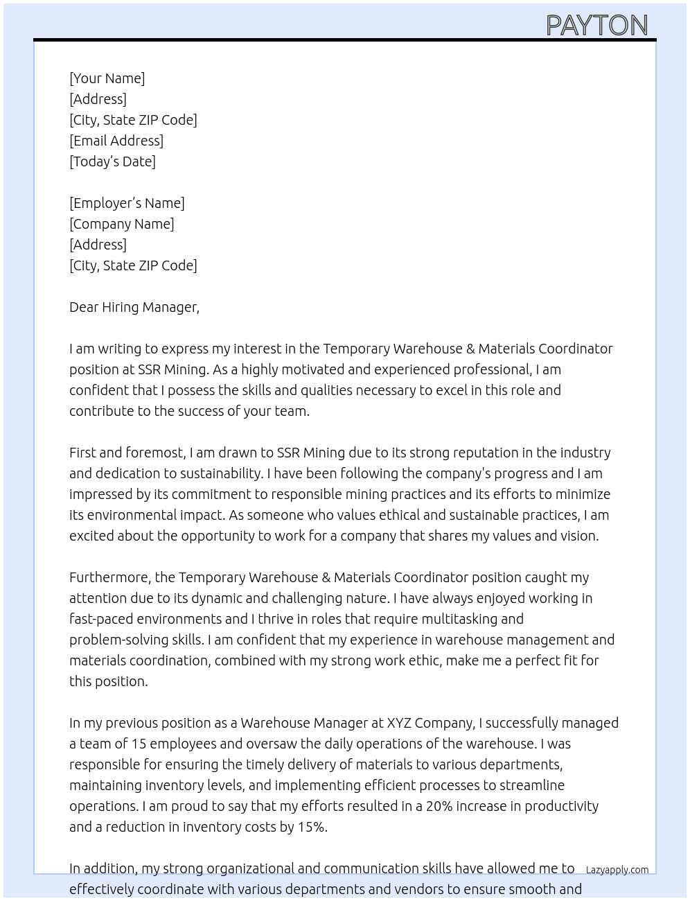 Temporary Warehouse & Materials Coordinator At SSR Mining Cover Letter
