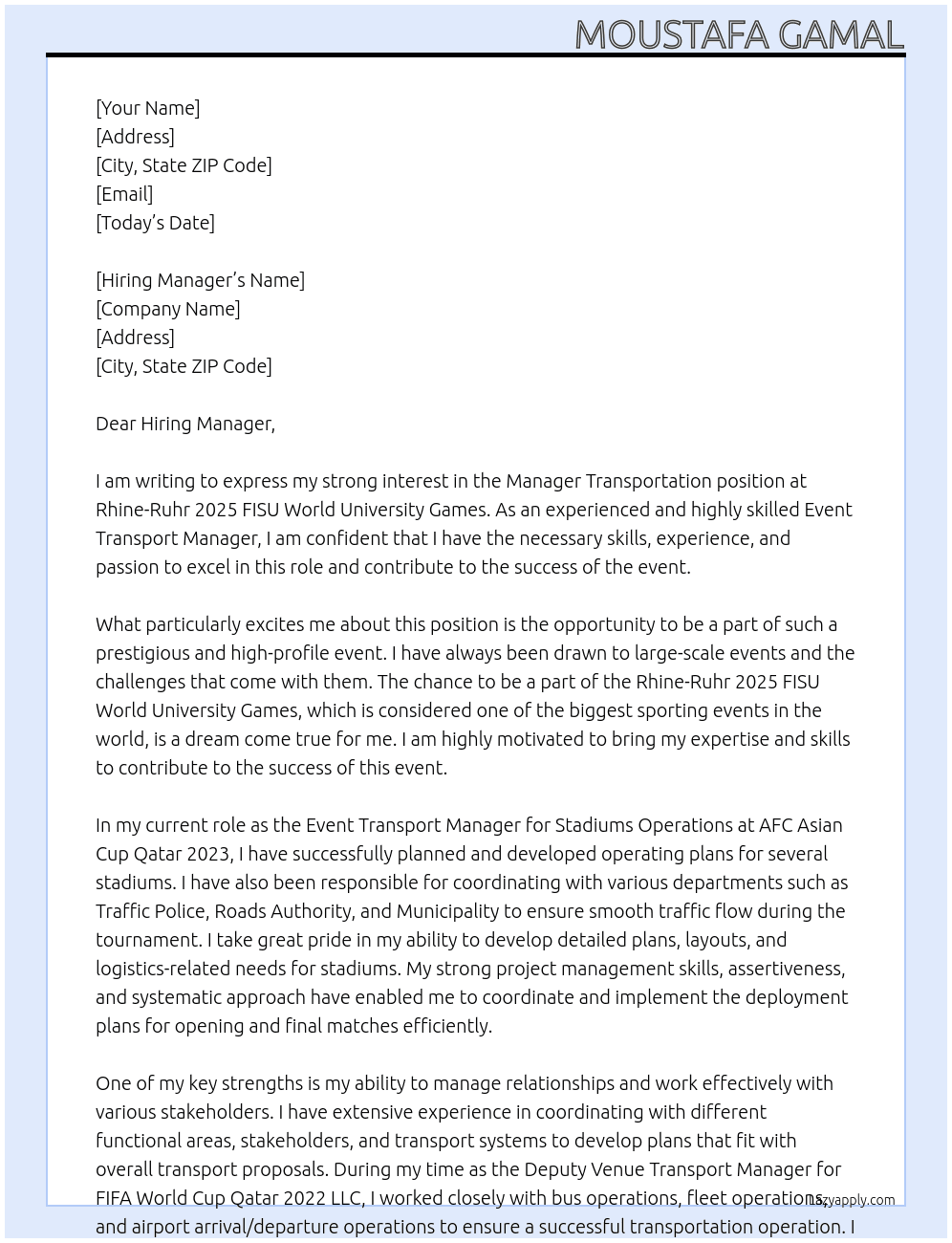 Manager Transportation At Rhine-Ruhr 2025 FISU World University Games Cover Letter