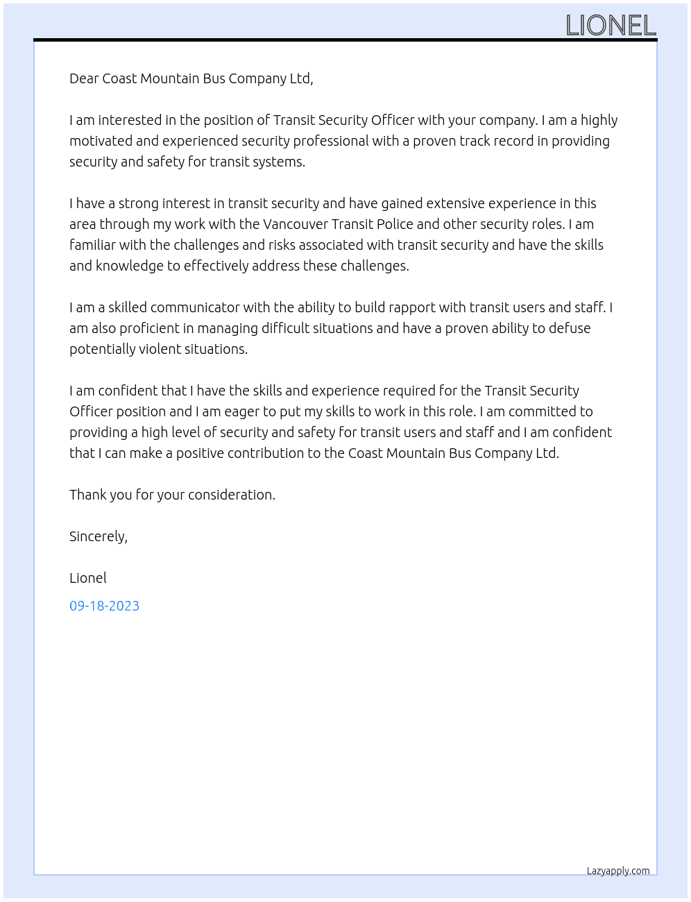 Transit Security Officer At Coast Mountain Bus Company Ltd Cover Letter