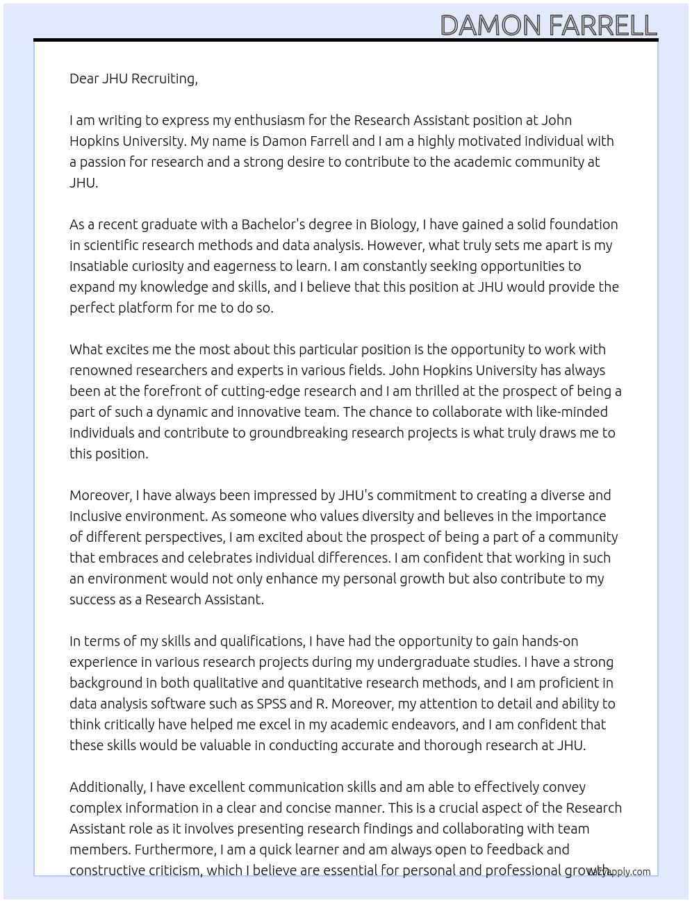 Research Assistant At John Hopkins University Cover Letter