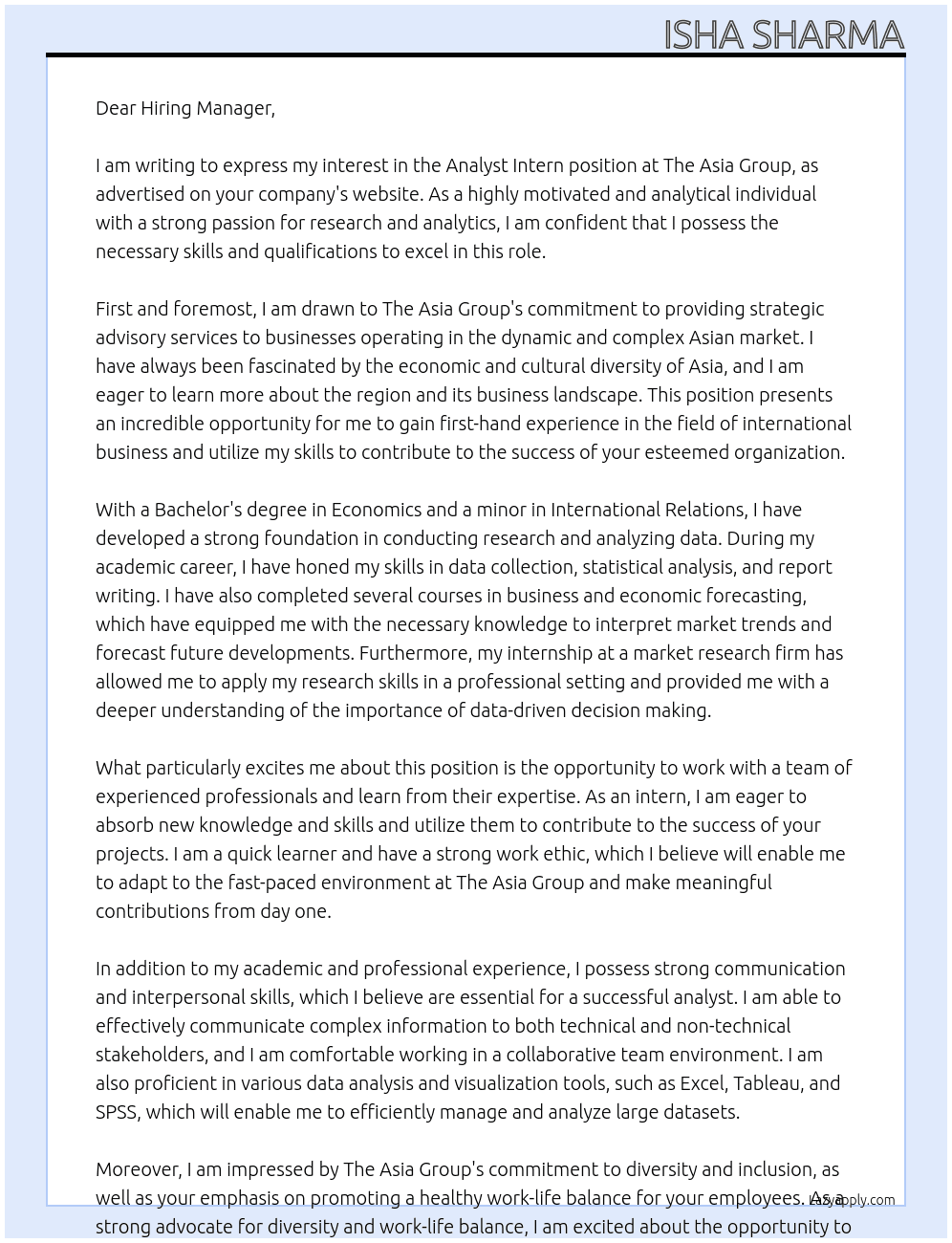 Analyst Intern At The Asia Group Cover Letter