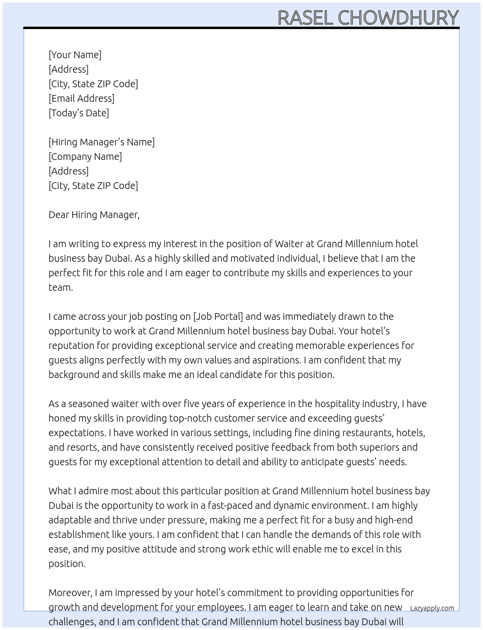 Waiter At Grand Millennium hotel business bay Dubai  Cover Letter