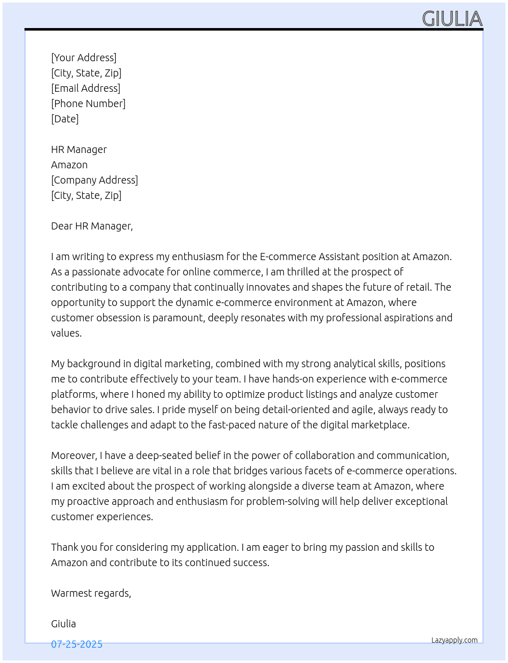Cover letter for e-commerce assistant - LazyApply