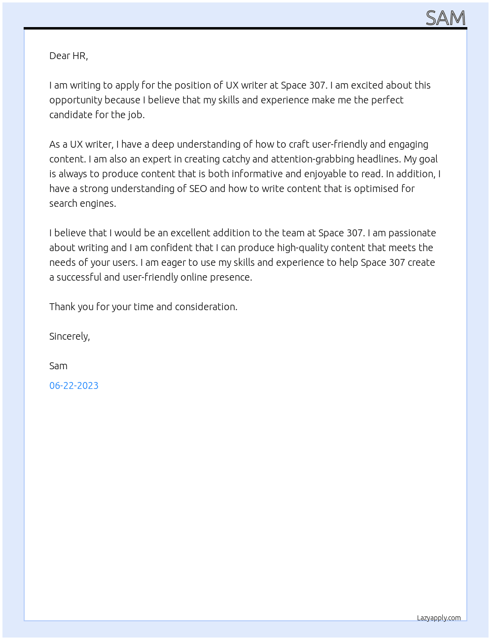 UX writer  At Space 307 Cover Letter