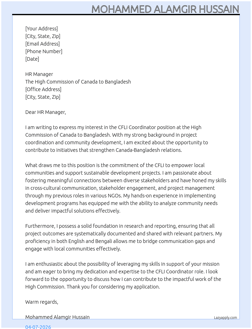 CFLI Coordinator- Bnagladesh At he High Commission of Canada to Bangladesh Cover Letter