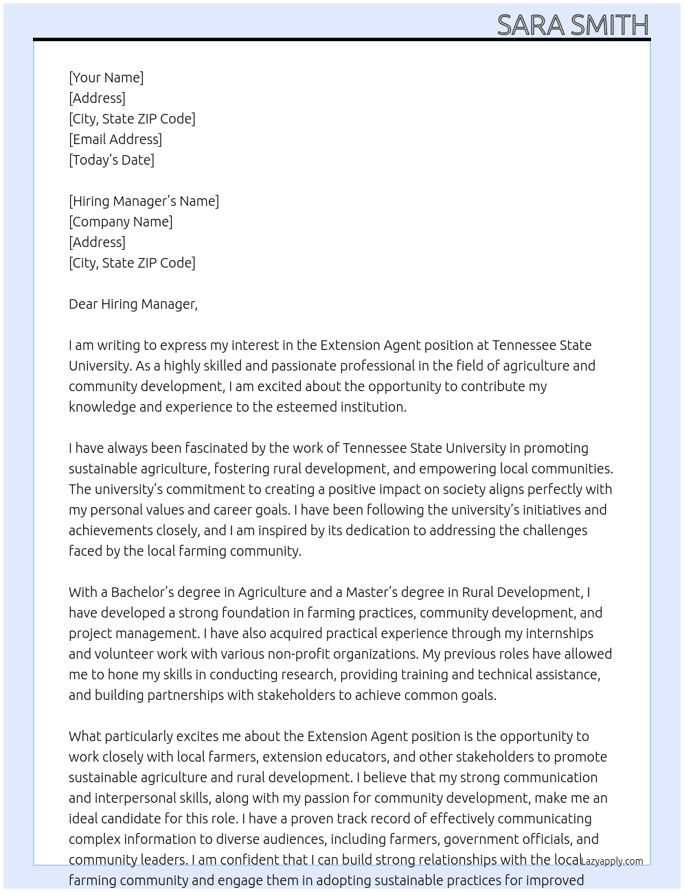 Extension Agent  At Tennessee State University Cover Letter