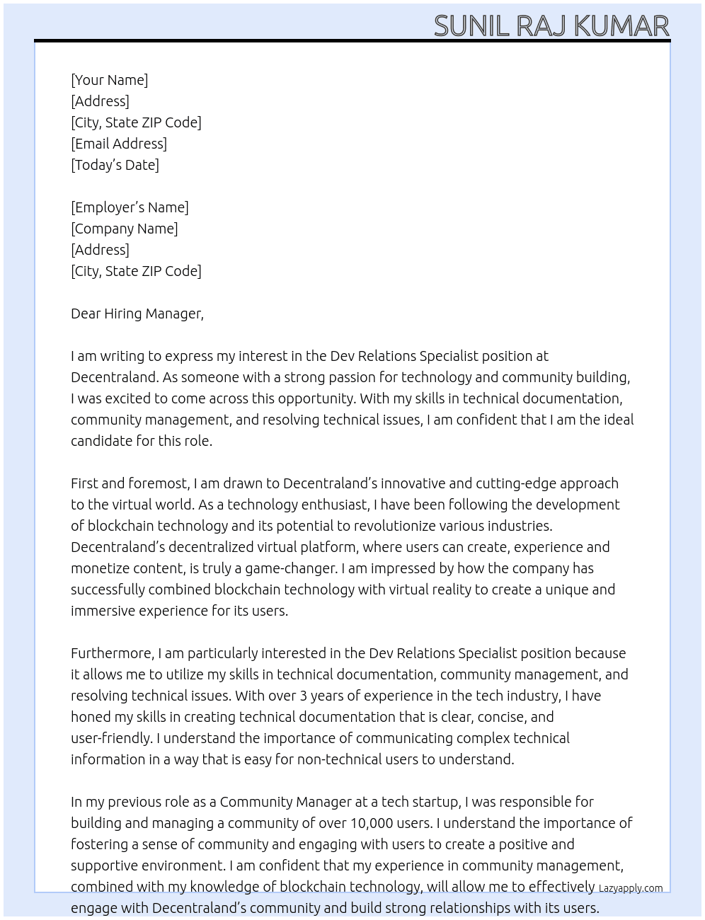 Dev Relations Specialist At Decentraland  Cover Letter