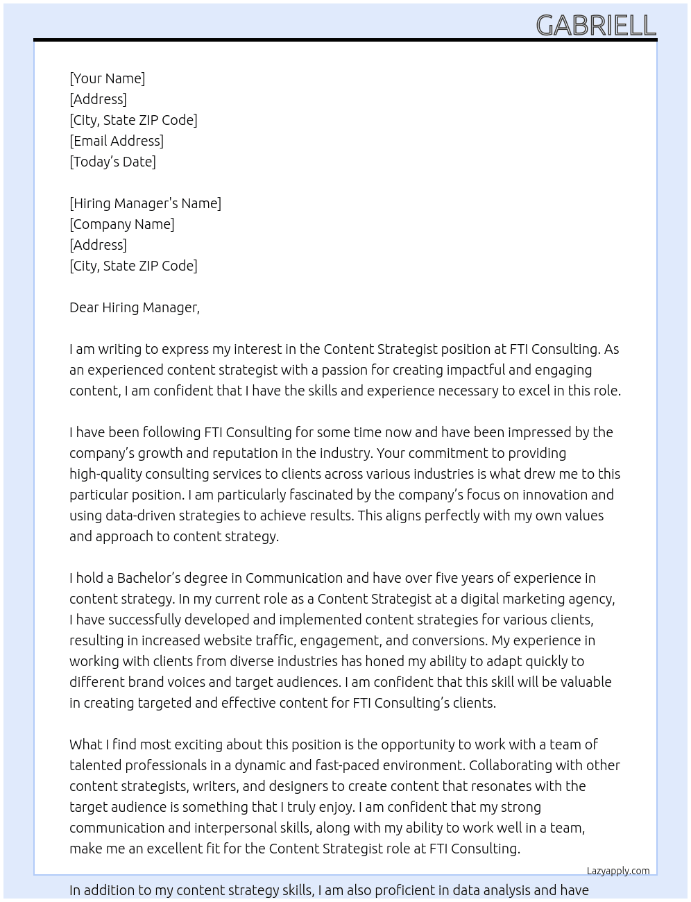 Content Strategist At FTI Consulting Cover Letter