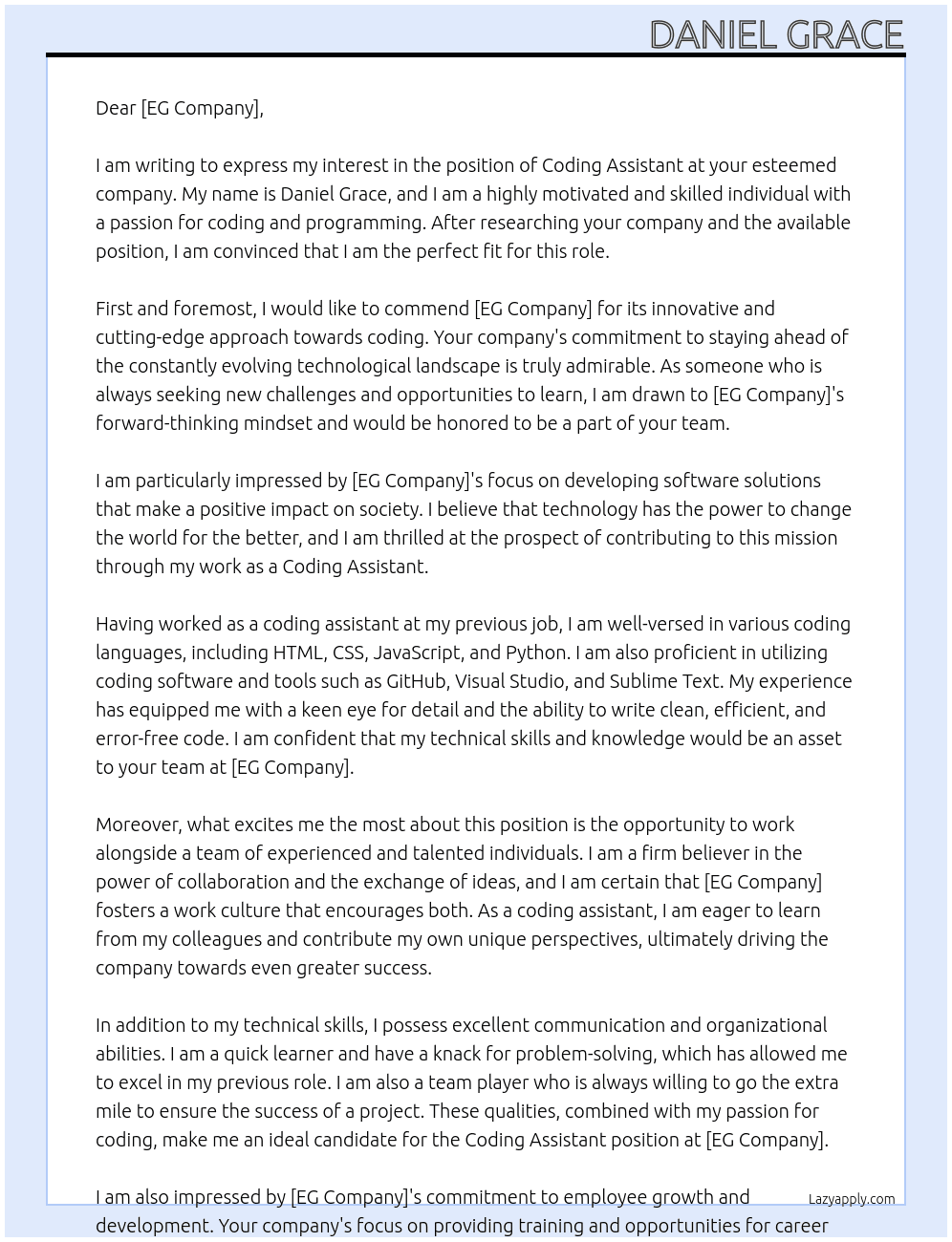 Coding assistant At EG company Cover Letter