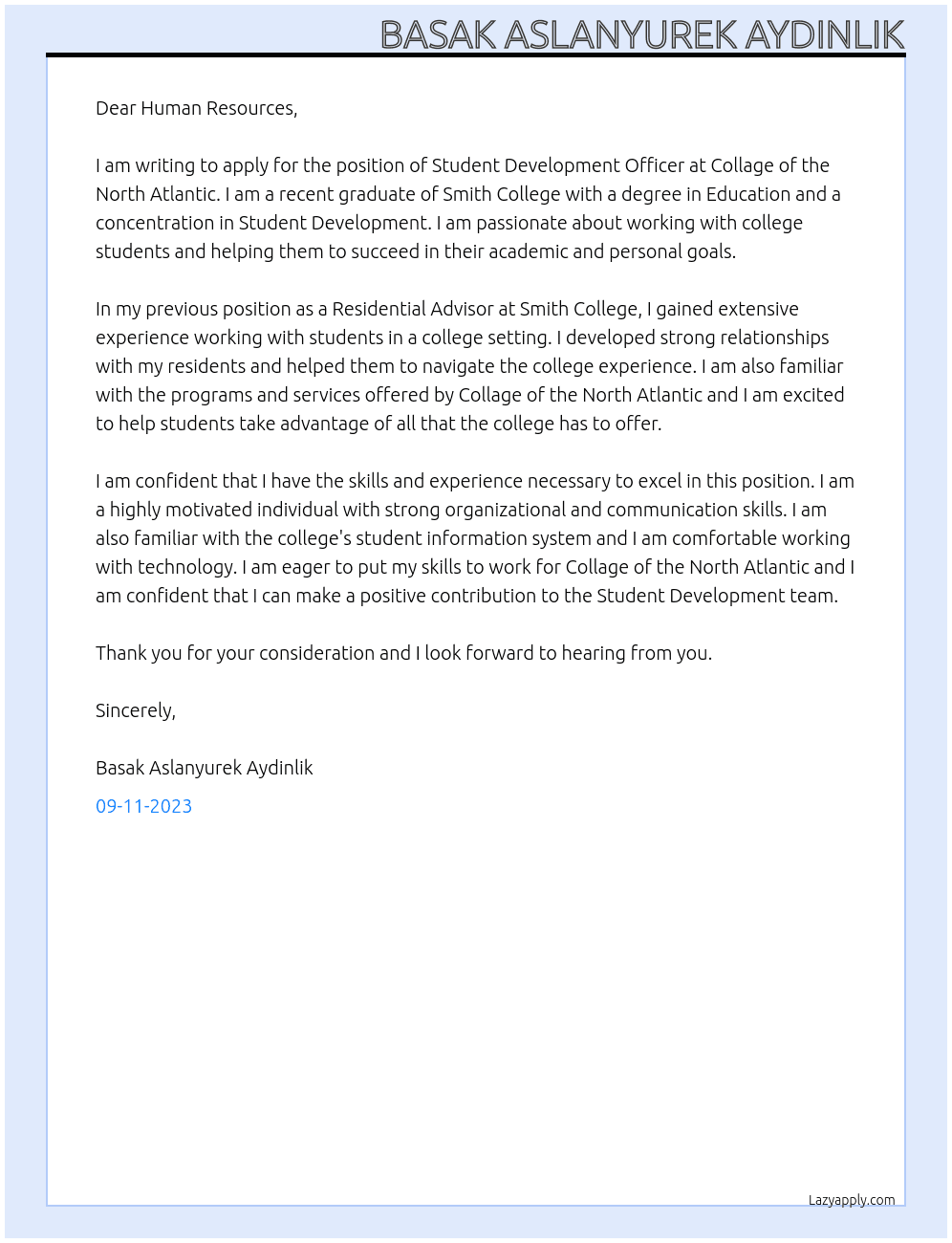 Student Development Officer At Collage of the North Atlantic Cover Letter