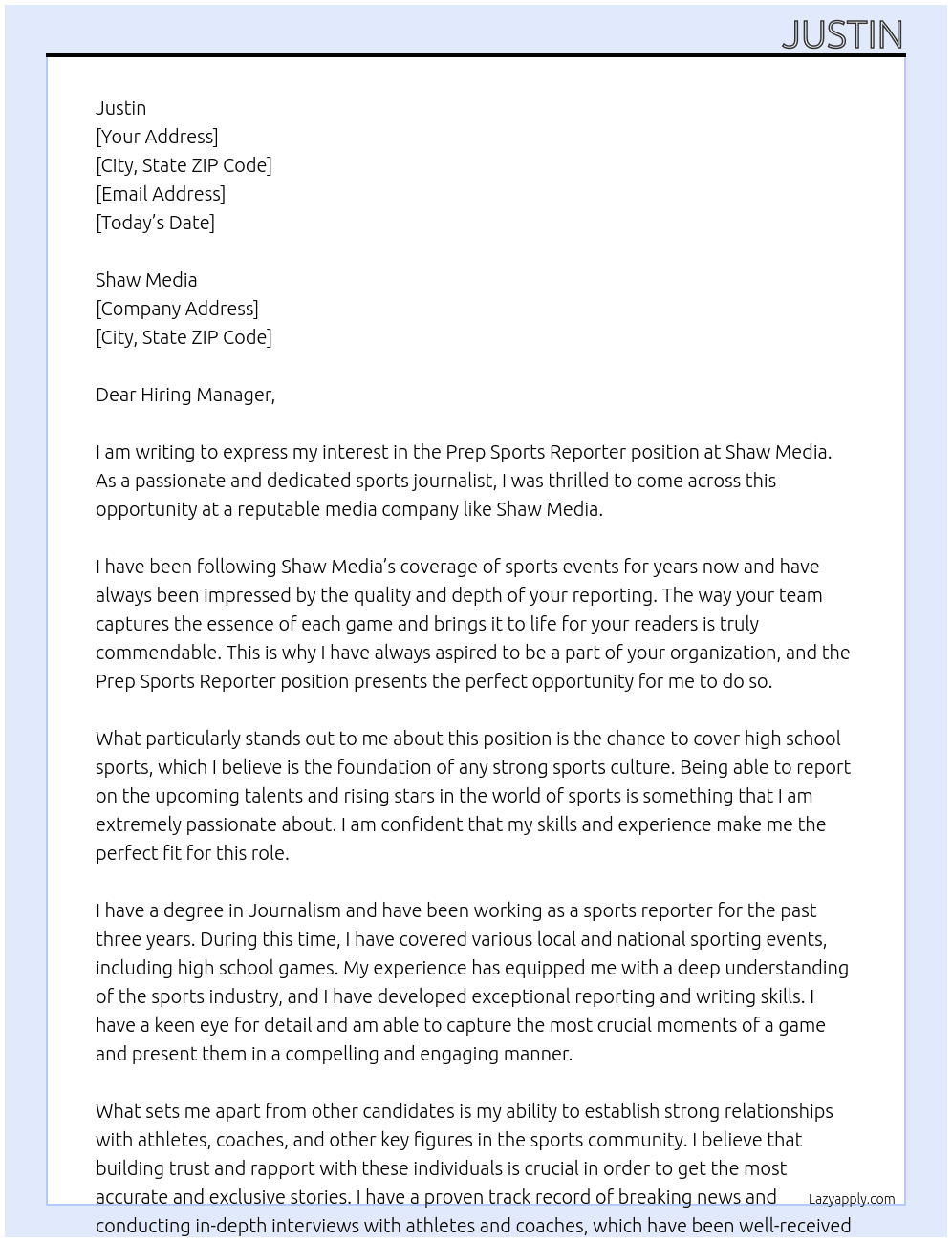 Prep Sports Reporter At Shaw Media Cover Letter