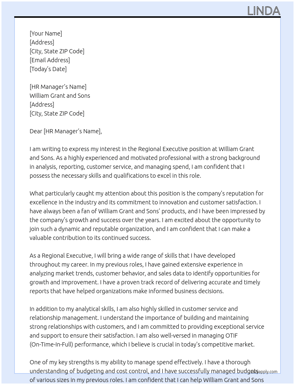 Regional Executive  At william grant and sons Cover Letter