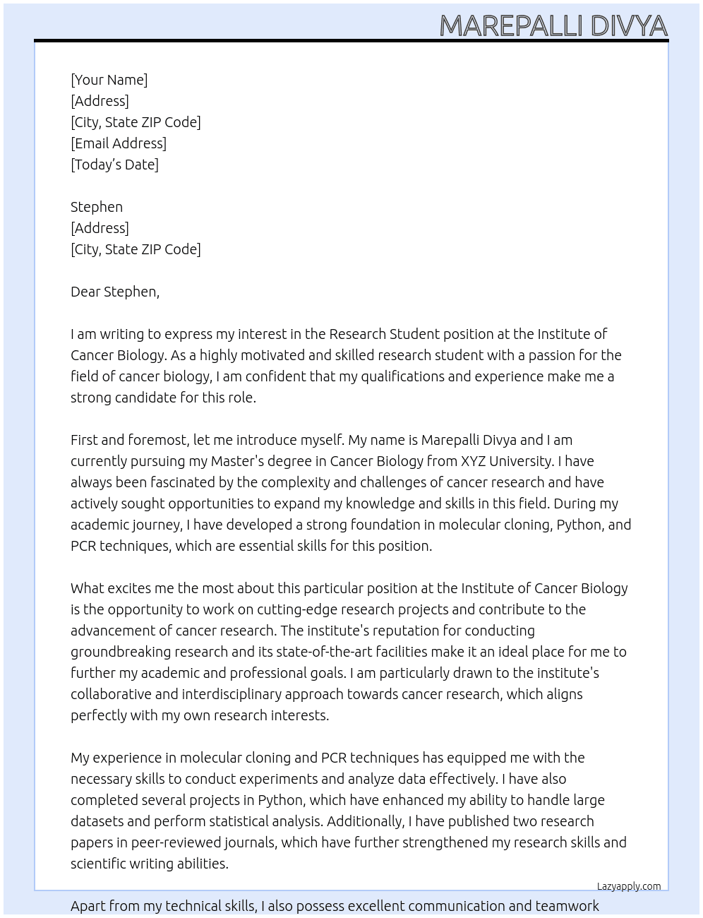 Research student At Institute of Cncer biology Cover Letter