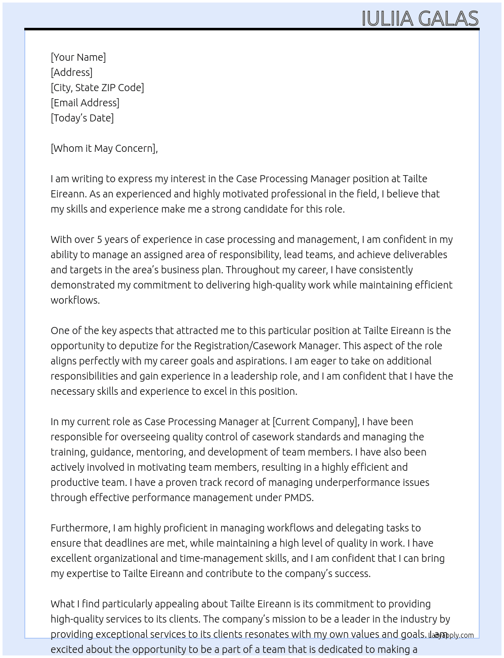 Case Processing Manager At Tailte Eireann Cover Letter