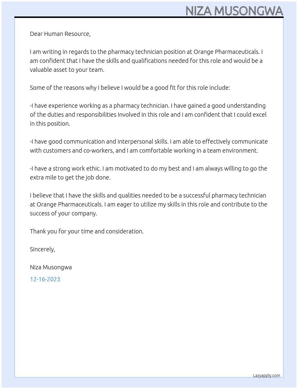 Pharmacy technicians  At Orange Pharmaceuticals  Cover Letter