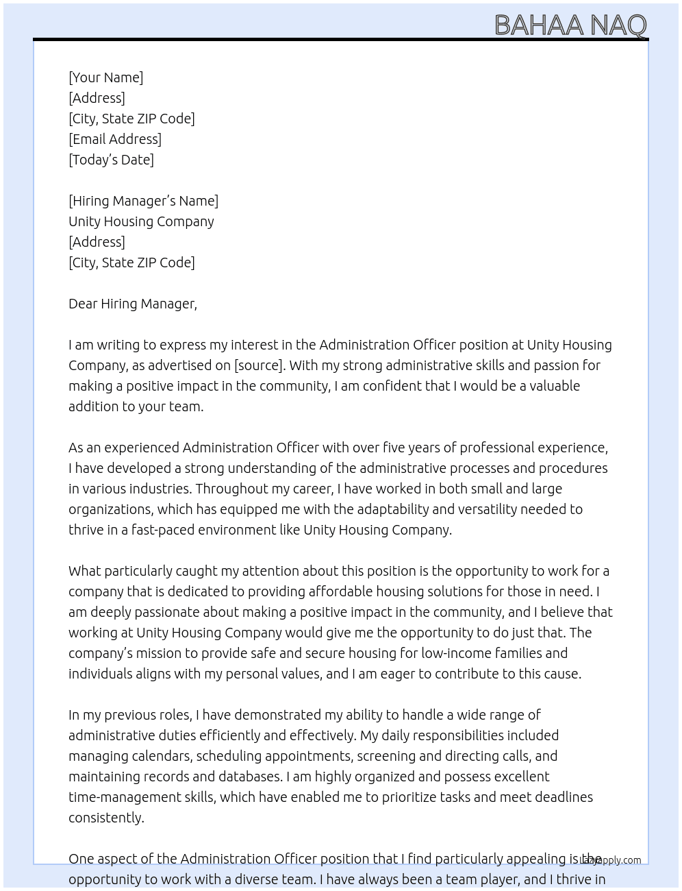 Administration Officer At Unity Housing Company Cover Letter