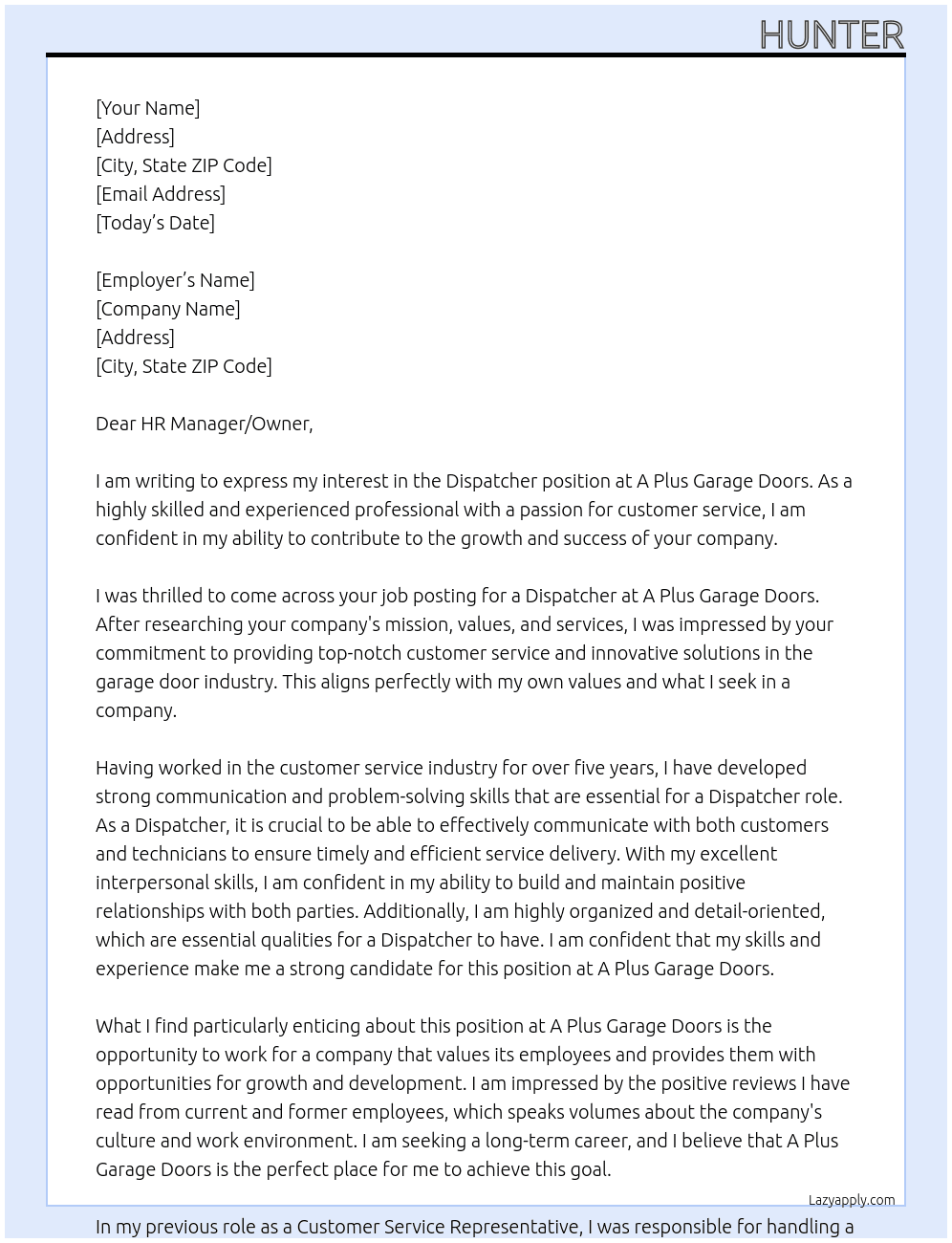 Dispatcher At A Plus Garage Doors Cover Letter