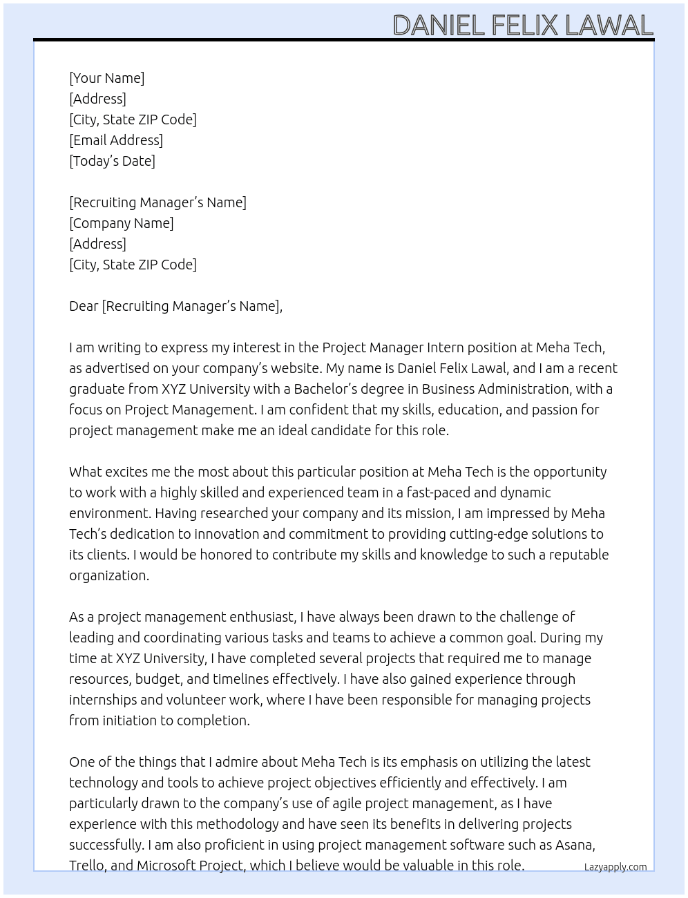 Project Manager Intern At Meha Tech Cover Letter
