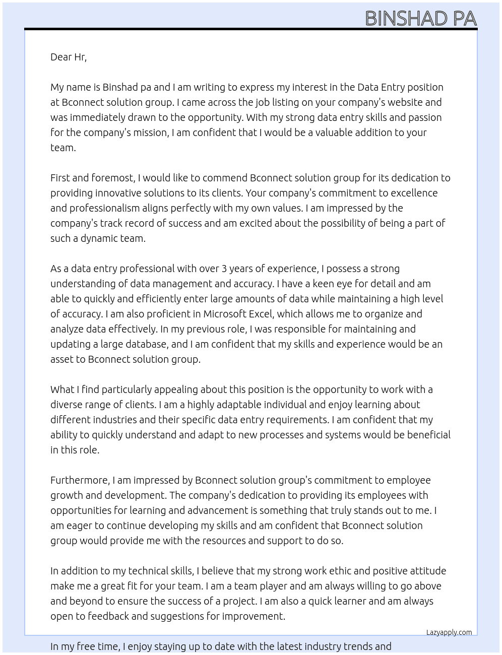 Data entry At Bconnect solution group Cover Letter