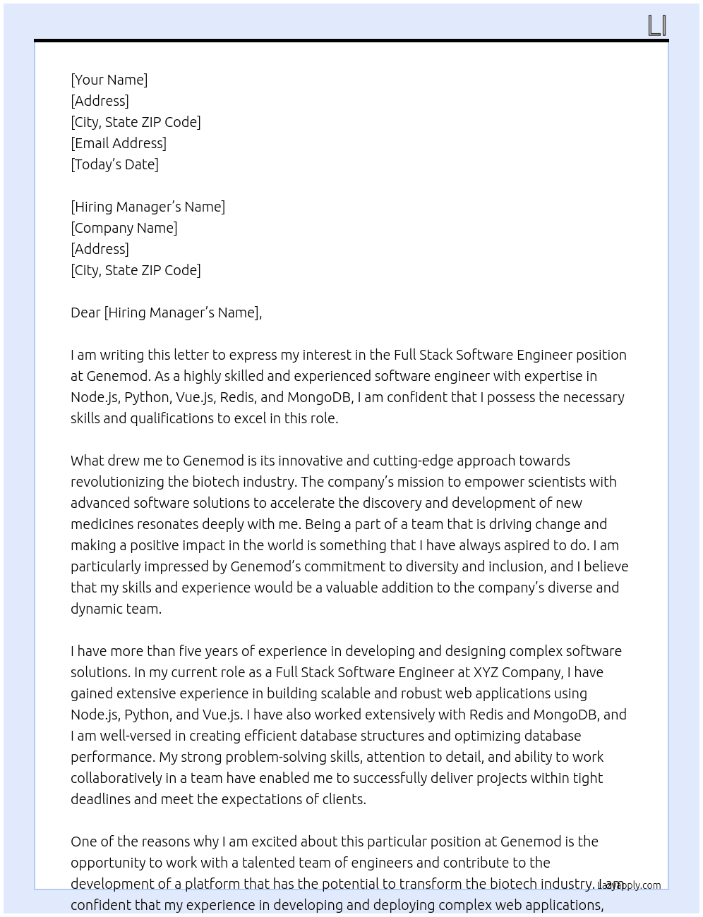 Full Stack Software Engineer At genemod Cover Letter