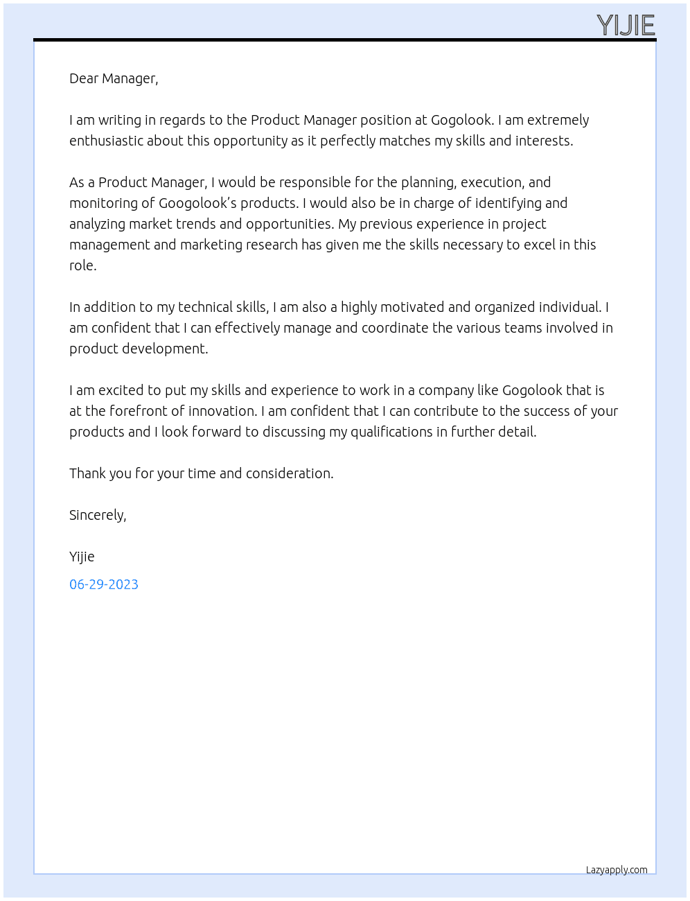 product manger At Gogolook Cover Letter