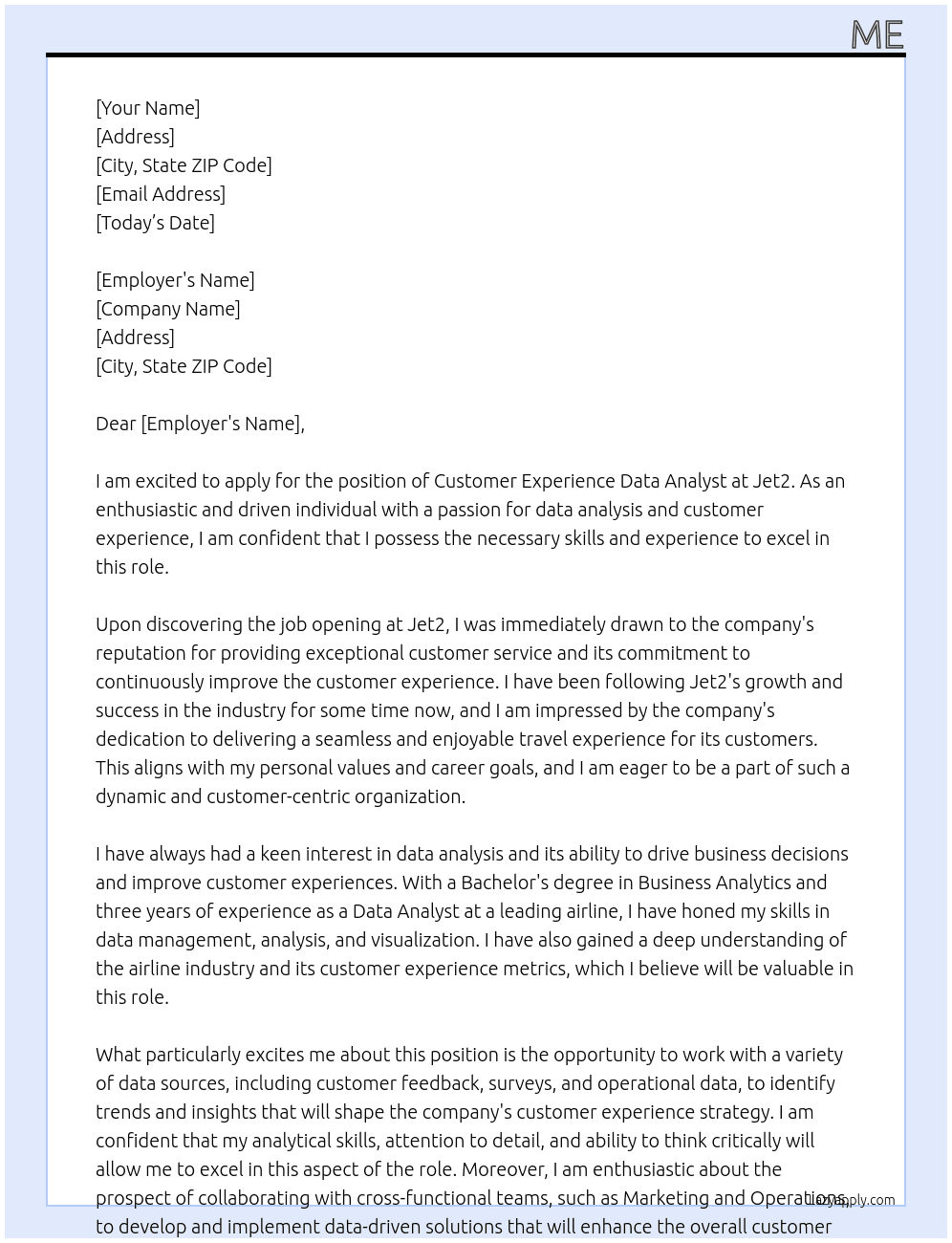 Customer Experience Data Analyst At Jet2 Cover Letter