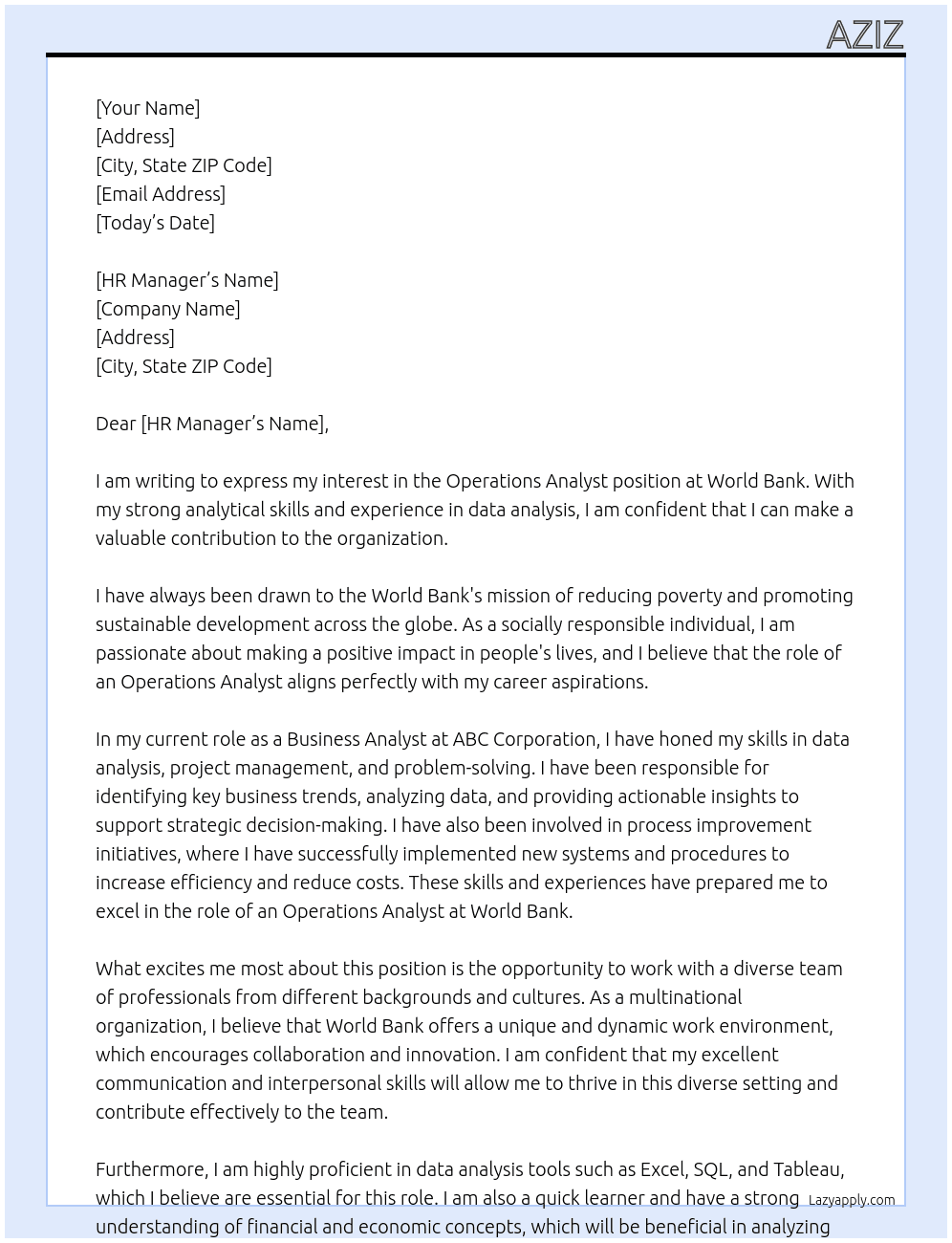 Operations Analyst At World bank Cover Letter