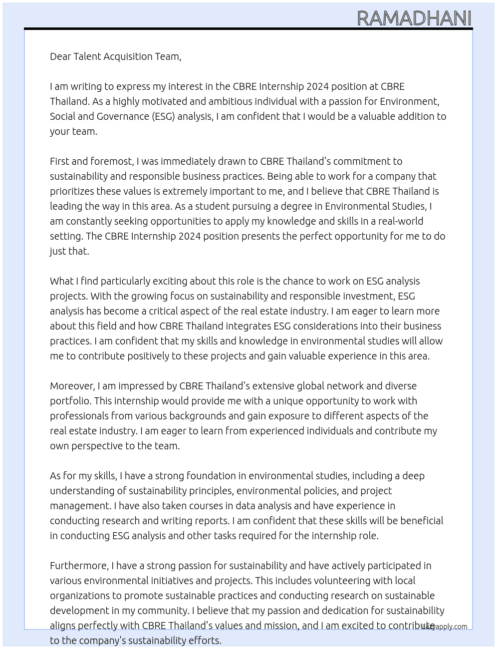 CBRE Internship 2024 At CBRE Thailand Cover Letter