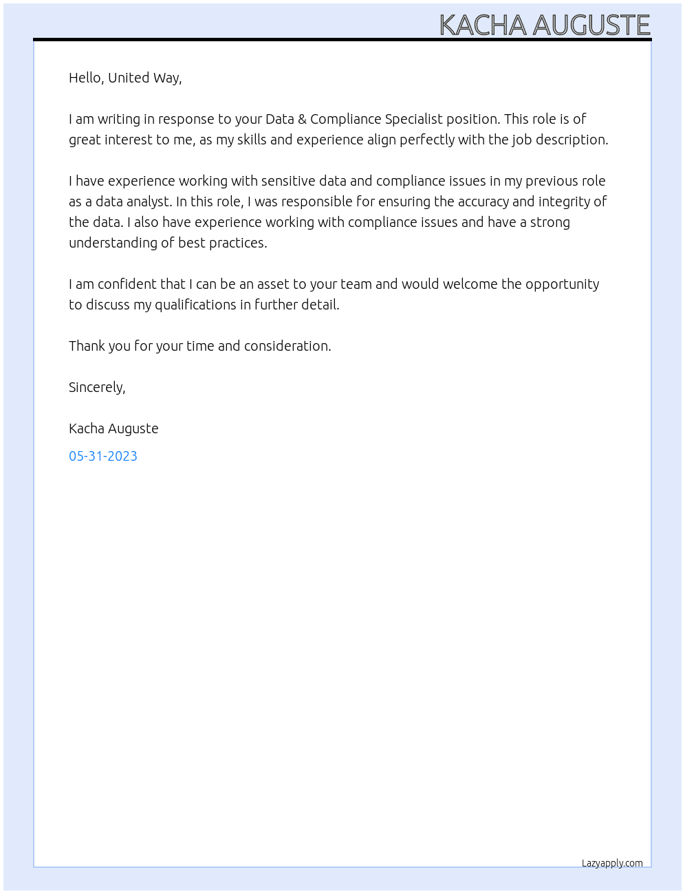 Data & Compliance Specialist At United Way Cover Letter