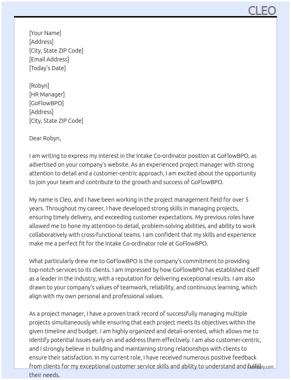 Intake Co-ordinator At GoFlowBPO Cover Letter