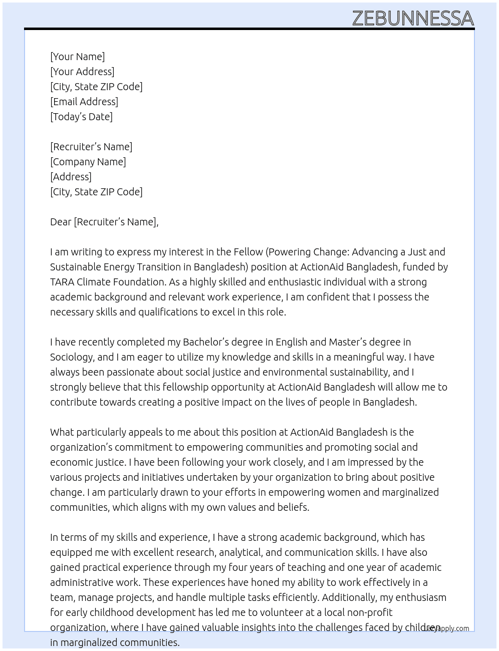 Fellow (Powering Change: Advancing a Just and Sustainable Energy Transition in Bangladesh, Funded by TARA Climate Foundation) At ActionAid Bangladesh Cover Letter