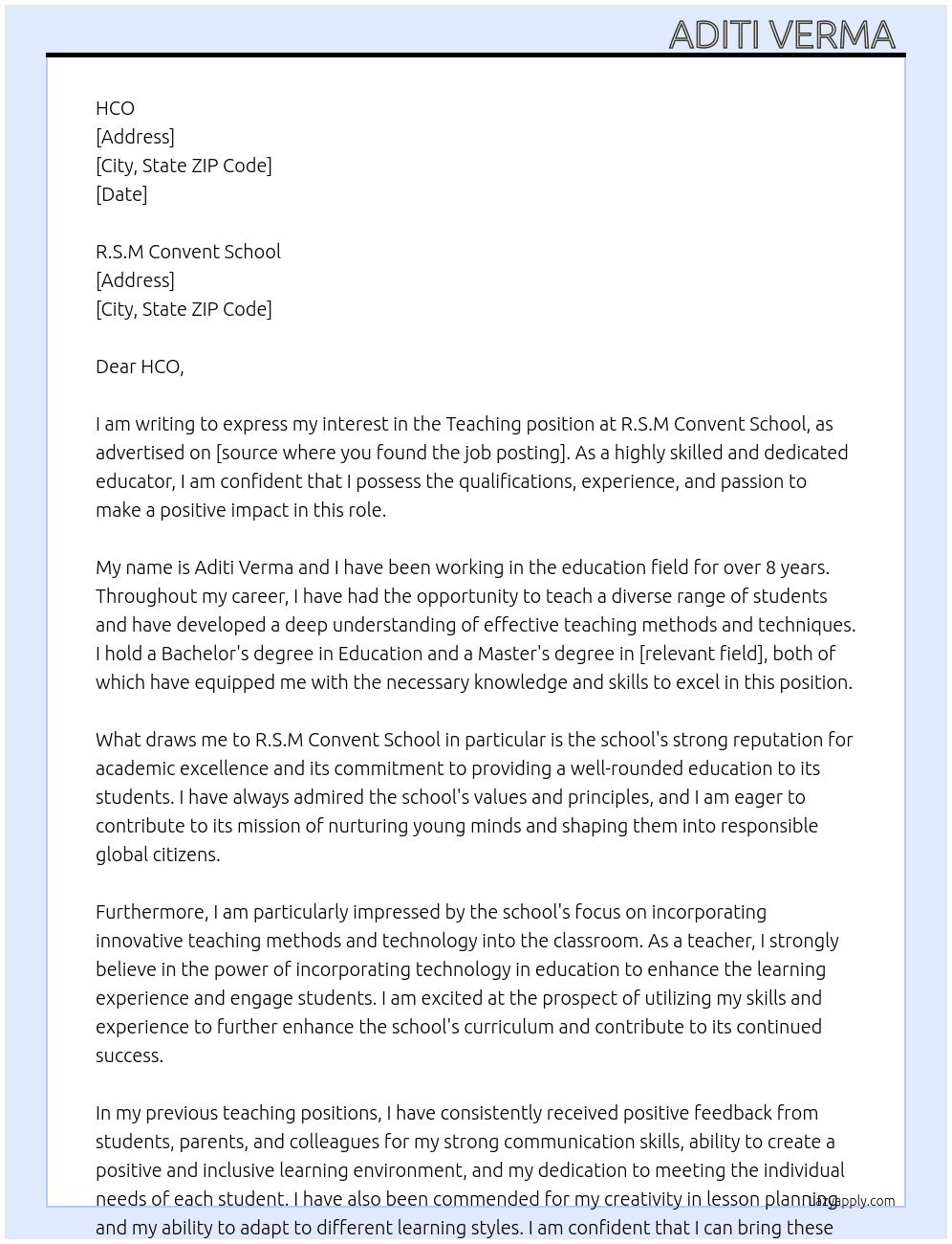 Teaching  At R.S.M Convent School  Cover Letter