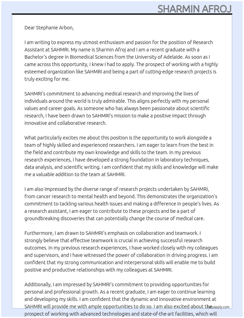 research assistant At SAHMRI Cover Letter