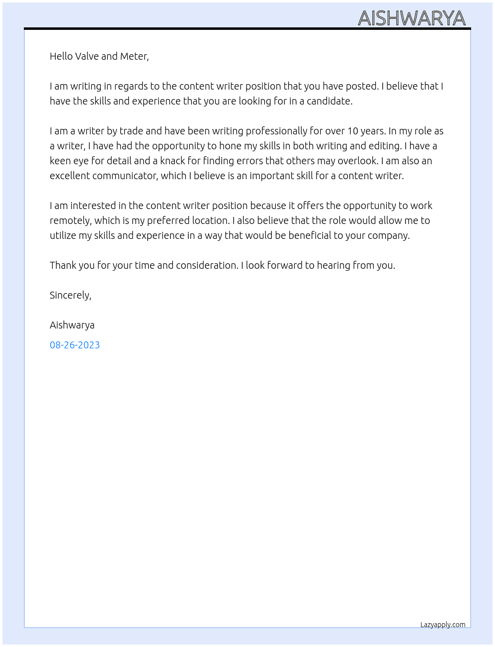 Content writer At Valve and meter Cover Letter