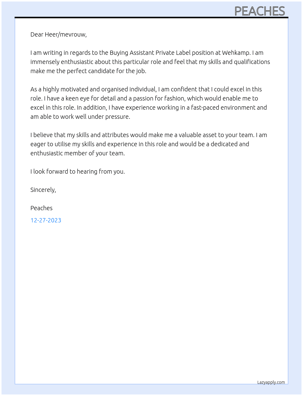 Buying Assistant Private Label At Wehkamp Cover Letter