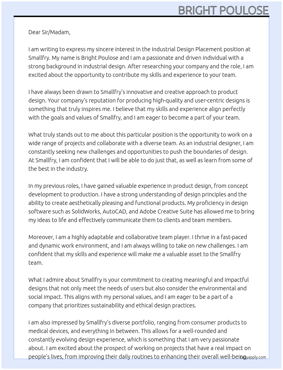 Industrial Design Placement At Smallfry Cover Letter