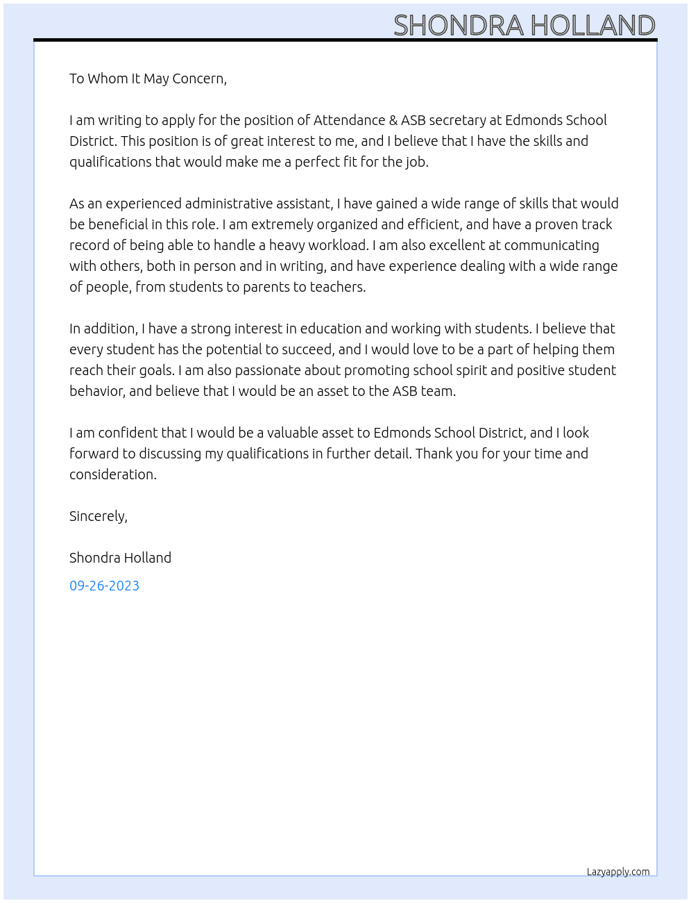Attendance & ASB secretary At Edmonds School District Cover Letter