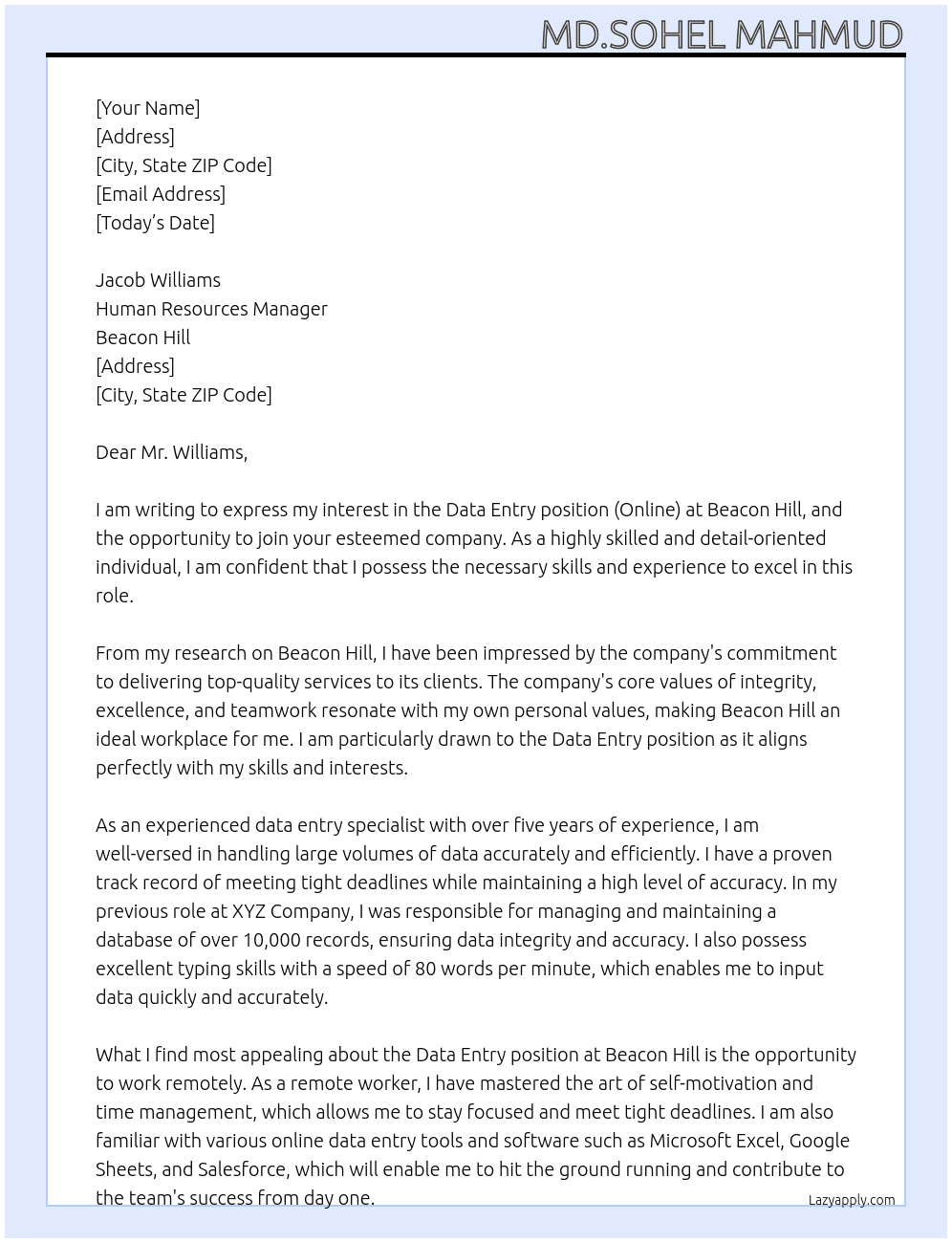 Data Entry (Online) At Beacon Hill  Cover Letter