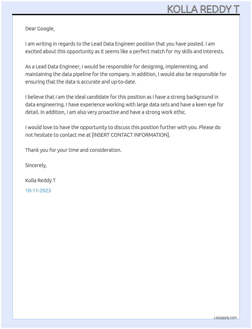 Lead Data Engineer At EX Cover Letter
