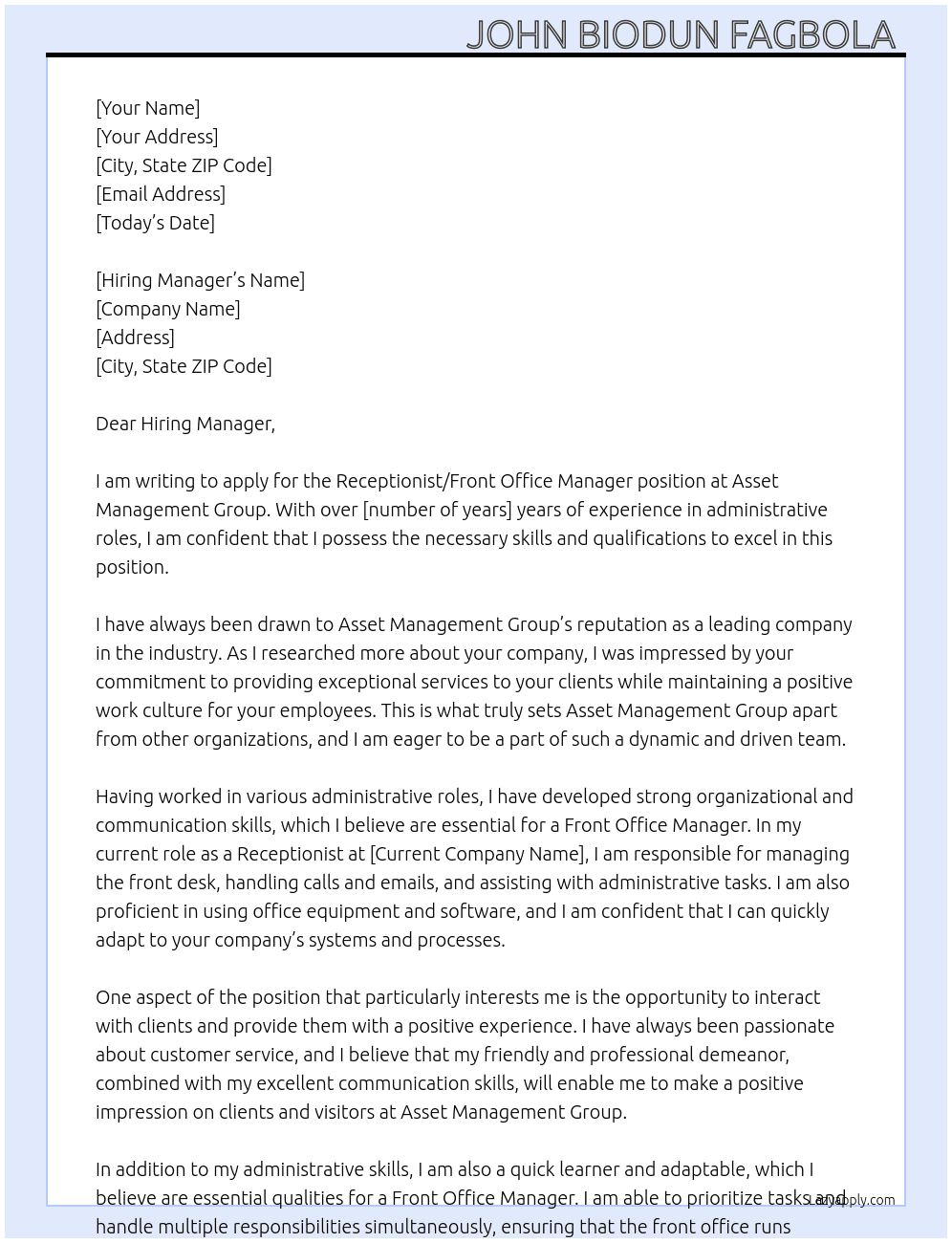Receptionist / Front Office Manager At Asset management group  Cover Letter